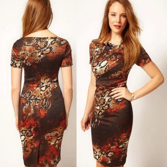 Karen Millen Python Print Asymmetrical Neckline Short Sleeve Sheath Dress Size 4 - Picture 4 of 16